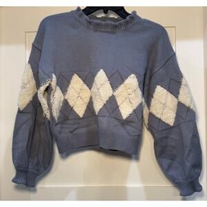EMS Excite Women's Slate Blue Argyle Crop Ruffle Collar Preppy Sweater Sz Medium